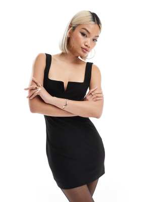 square neck notch front mini dress in black