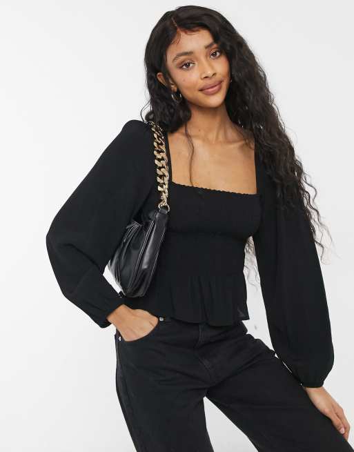 Pull Bear square neck shirred blouse in black