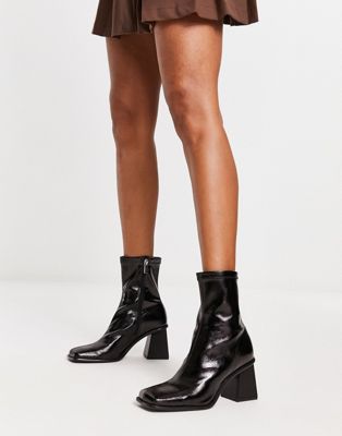 Pull&Bear square toe patent heeled boots in black