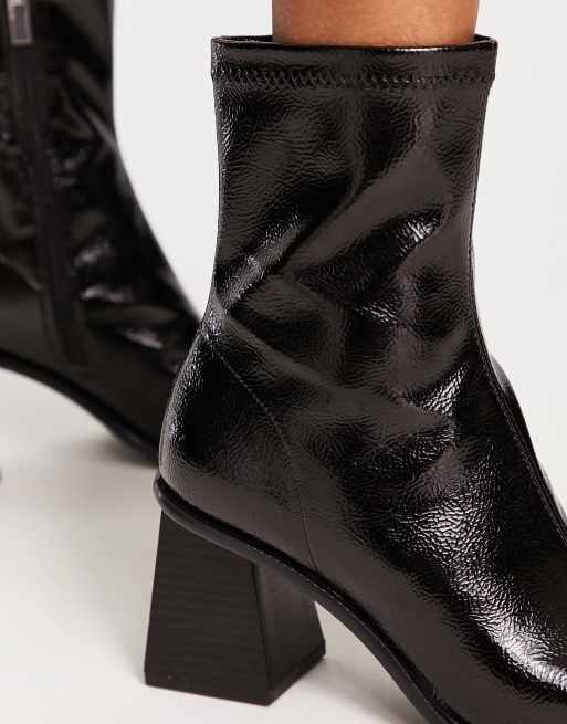 Pull Bear square toe patent heeled boots in black