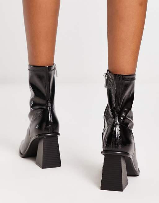 Pull Bear square toe patent heeled boots in black