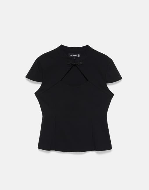 Pull&Bear Stand collar keyhole top in black, 4 of 6