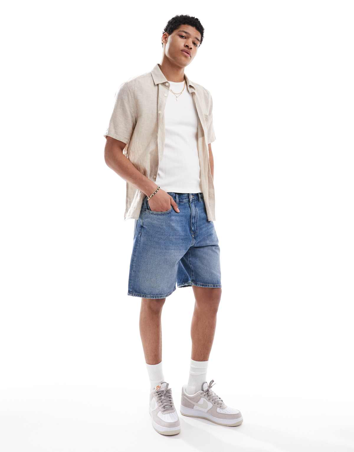 Pull&Bear standard denim bermuda shorts in medium blue