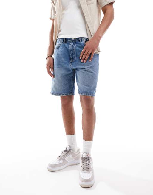 Pull&Bear standard fit denim shorts in mid blue