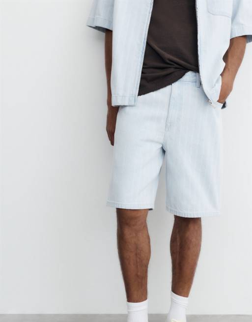 Pull&Bear Standard jacquard denim bermuda shorts in pale blue, 3 of 4