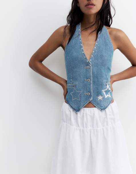 Pull&Bear Star print denim waistcoat in medium blue - view 1