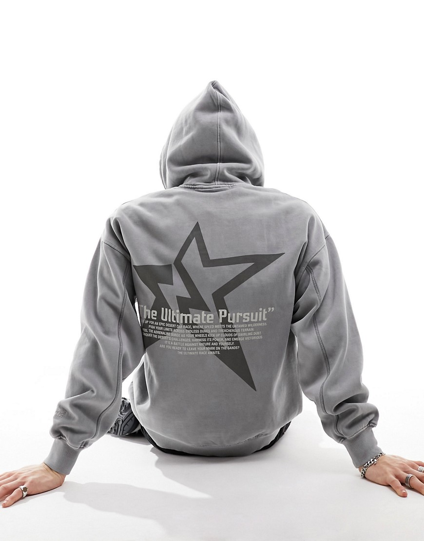 Pull & Bear star printed hoodie in washed grey-Blue