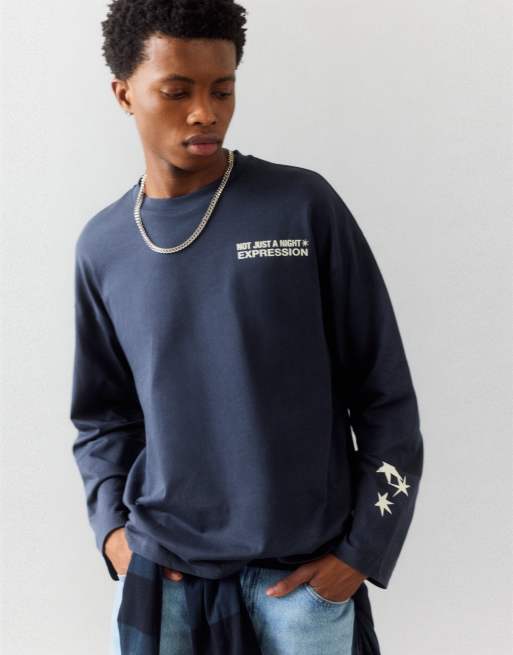 Pull&Bear Star slogan t-shirt in navy, 3 of 7
