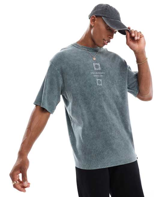 Pull&Bear - Stay Authentic - T-shirt met print in grijs met wassing