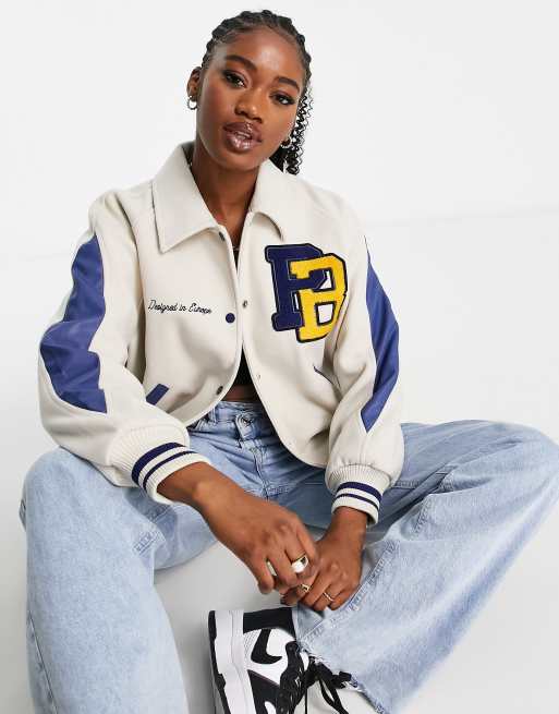 Pull&Bear – Stenfärgad bomberjacka i collegestil med krage och broderi