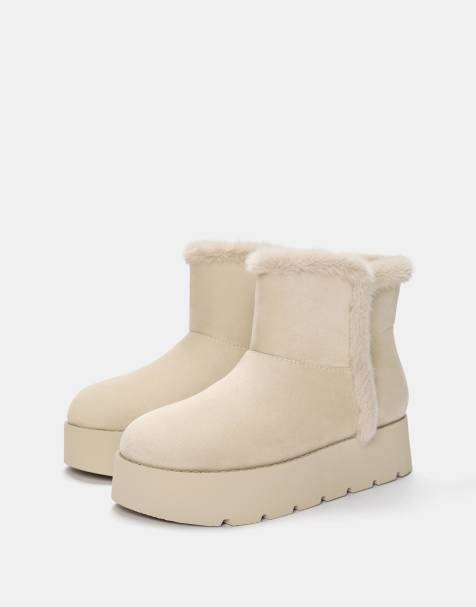 Pull&Bear - Stivaletti écru con plateau e pelliccia sintetica - view 1