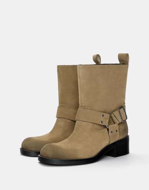 Pull&Bear - Stivaletti stile biker in pelle color sabbia