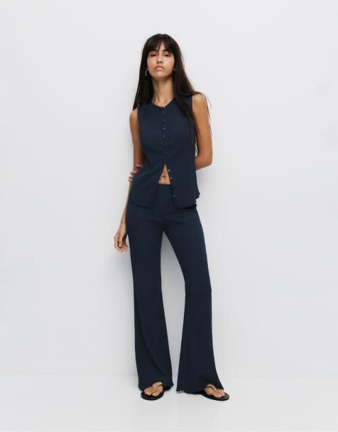 Pull&Bear Straight crepe pants in navy - view 1