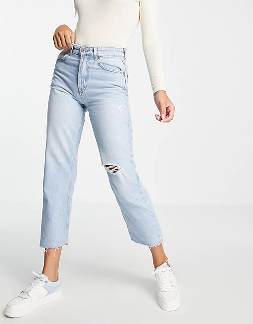Women Pull&Bear straight cropped jeans in light blue 