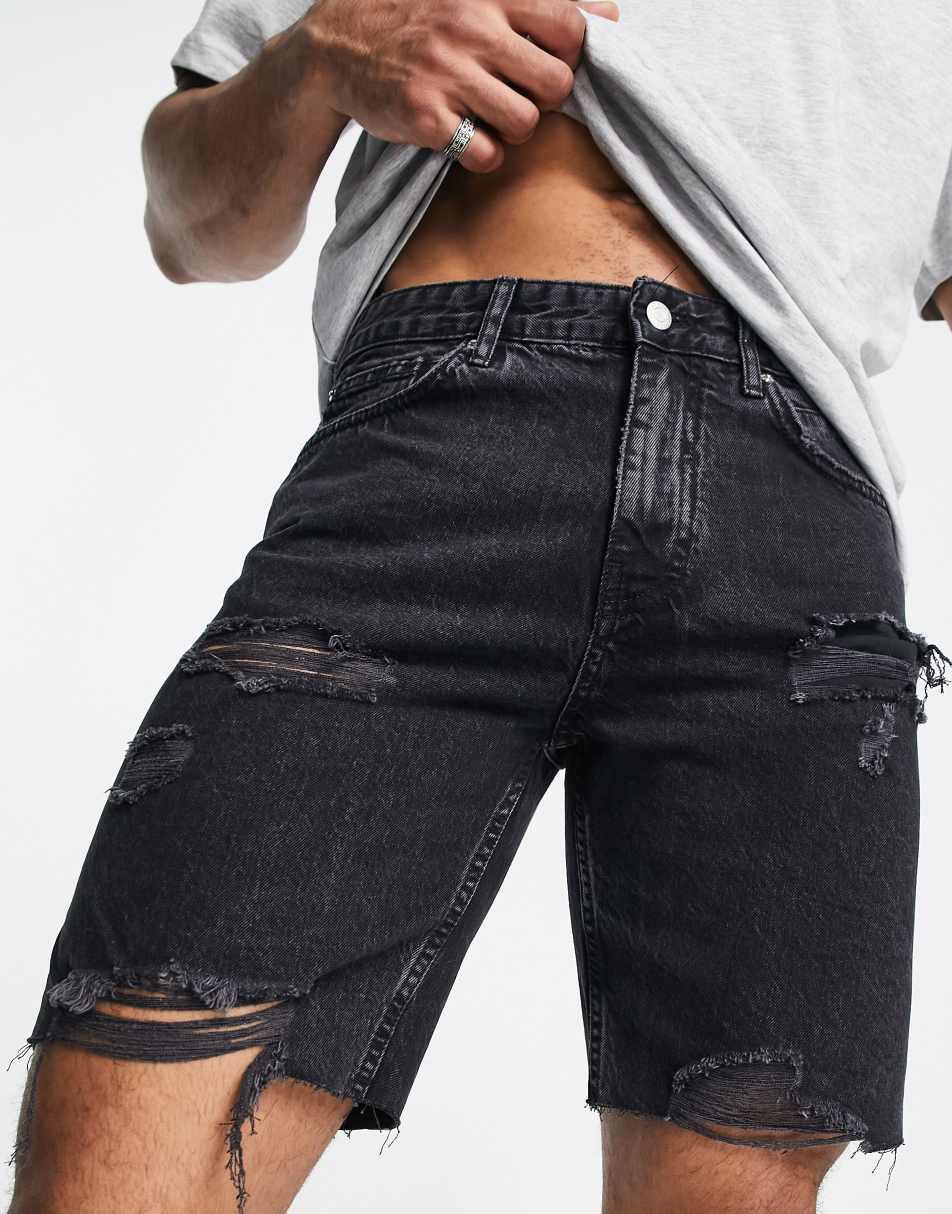 Pull&Bear straight fit denim shorts with rips in black