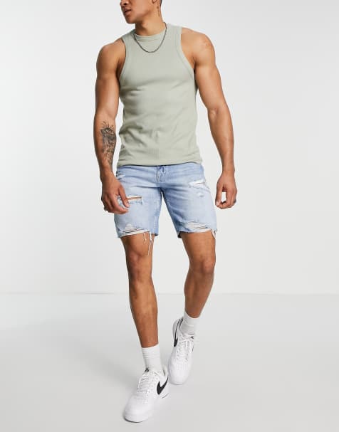 Pull&Bear straight fit denim shorts with rips in mid blue - view 1