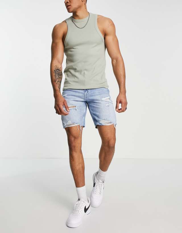 Pull&Bear straight fit denim shorts with rips in mid blue