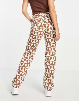 Pull Bear Straight Jeans With Heart Print In Brown ModeSens