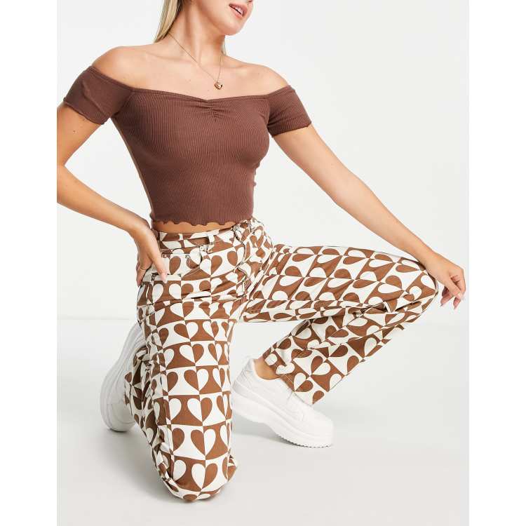 Pull&Bear straight jeans with heart print in brown ASOS