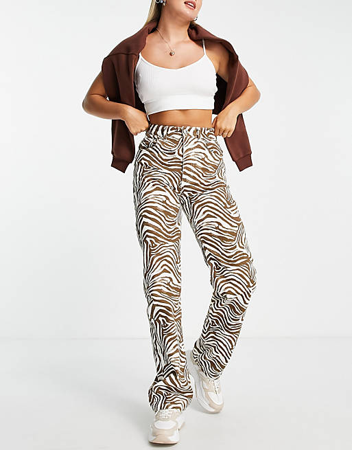 Pull&Bear straight jeans with zebra print in brown | ASOS