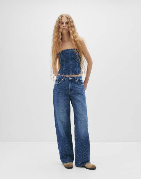 Pull&Bear Straight-leg baggy jeans with rhinestones in dark blue - view 1