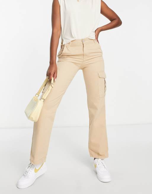 Pull&Bear high waisted wide leg cargo trousers in beige