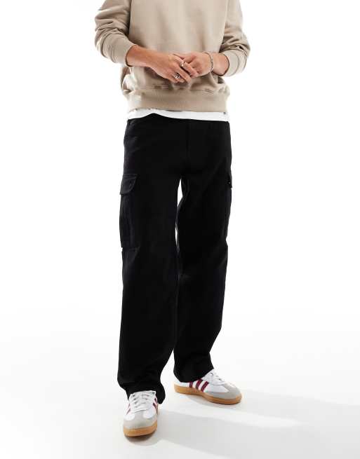 Pull&Bear straight leg cargo pants in black