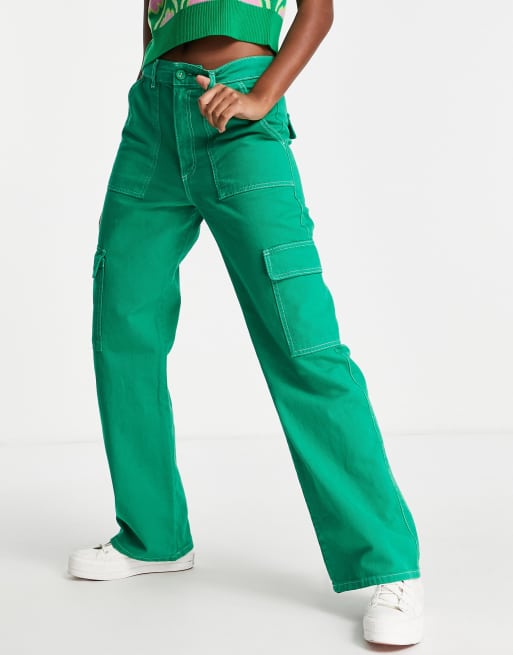 ASOS DESIGN clean cargo pants in green with contrast stitching