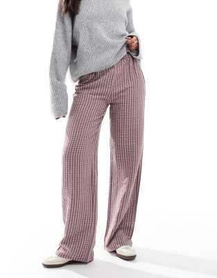 Pull & Bear Straight Leg Check Pants In Burgundy-red