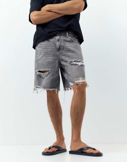 Pull&Bear Straight-leg denim bermuda shorts in dark grey, 4 of 4
