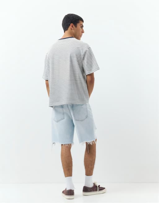 Pull&Bear Straight-leg denim bermuda shorts in pale blue, 4 of 4