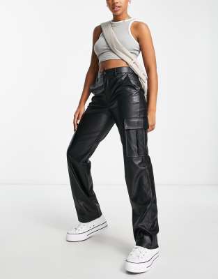 Pull&Bear Pull&Bear straight leg faux leather cargo trouser in black