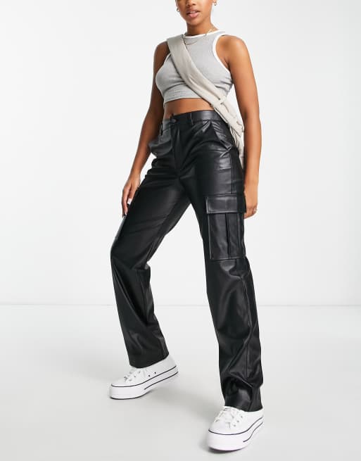 Pull&Bear straight leg faux leather cargo trouser in black | ASOS