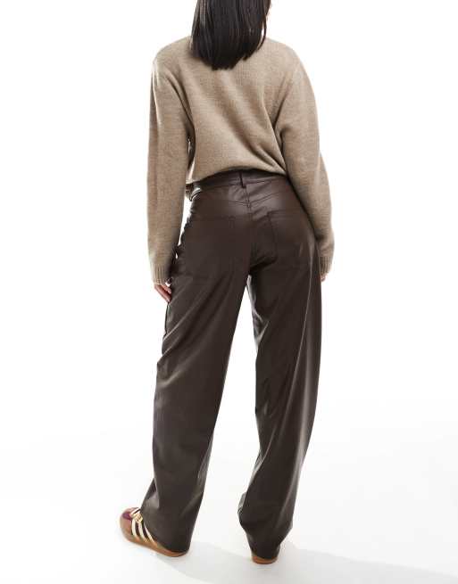 Pull&Bear straight leg faux leather pants in brown, 3 of 5