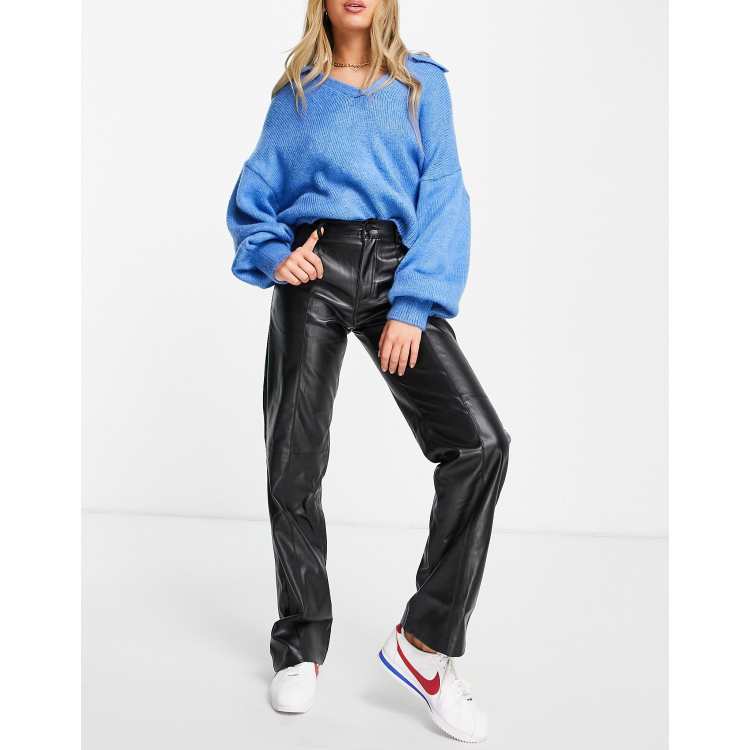 Pull&Bear straight leg faux leather trousers with seam detail in