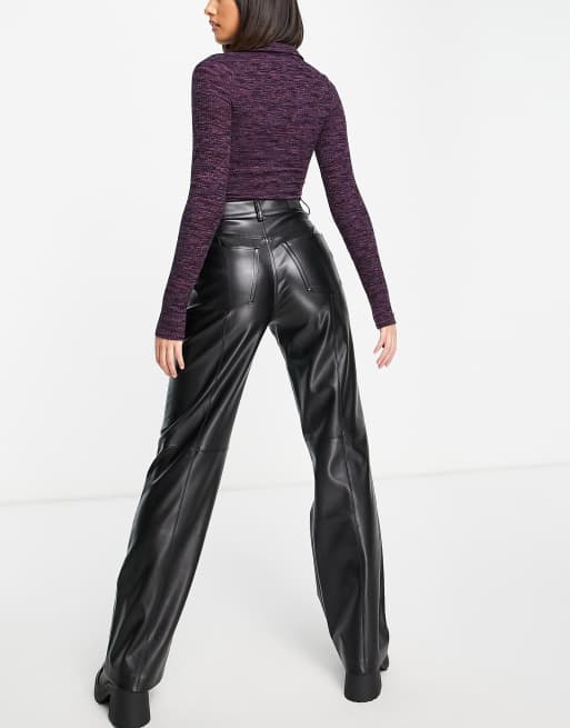 Pull Bear straight leg faux leather trousers with seam detail in