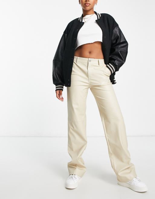 Pull&Bear straight leg faux leather trousers with seam detail in ecru
