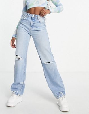 Pull&Bear straight leg frayed hem jean with rips in blue