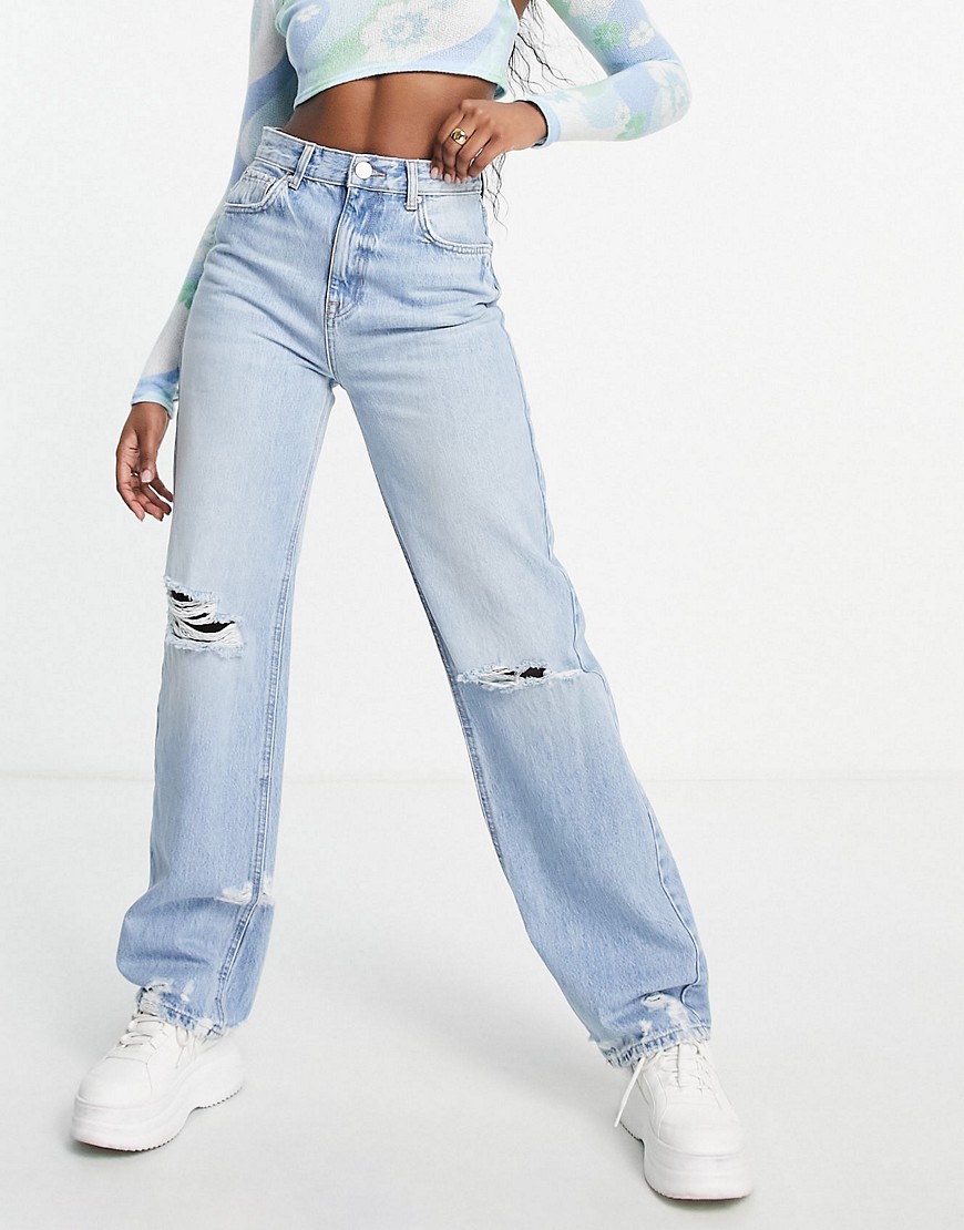 Pull & Bear straight leg frayed hem jeans with rips in blue