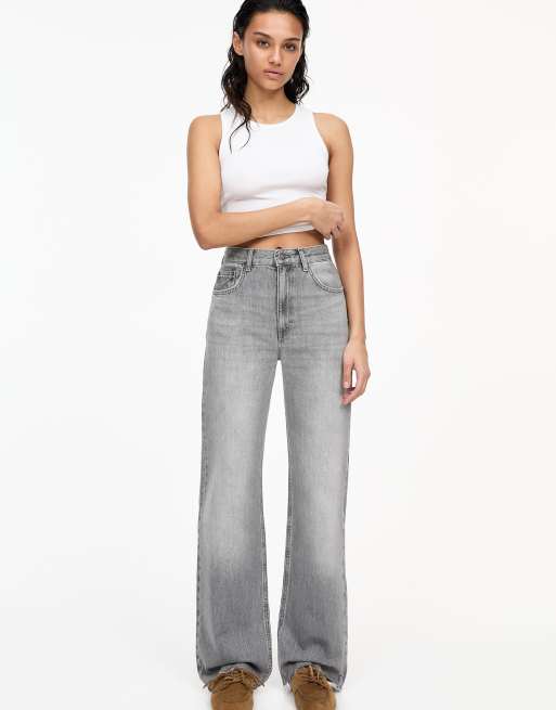 Pull&Bear straight leg high waist jeans in anthracite grey