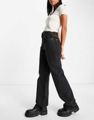 Pull&Bear straight leg high waist jeans with frayed hem in black with contrast detail