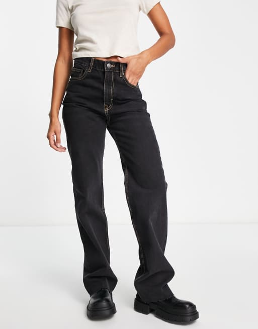 Pull&Bear straight leg high waist jeans with frayed hem in black with  contrast detail