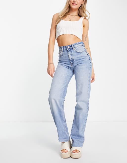 Pull&Bear high rise straight leg jean in medium blue