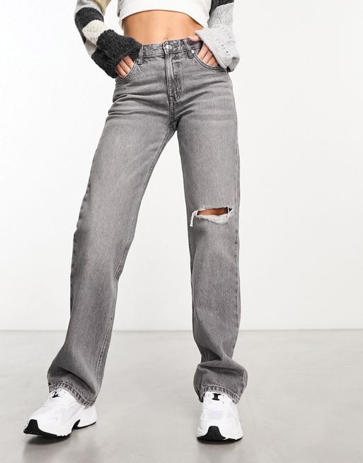 Pull&Bear straight leg jean with rip in grey | ASOS