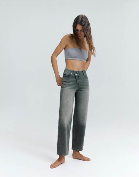 Pull&Bear Straight-leg jeans with crossover waistband in grey - view 1