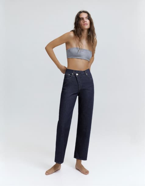 Pull&Bear Straight-leg jeans with crossover waistband in navy