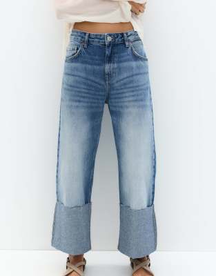 Pull & Bear Straight Leg Jeans With High Cuffs In Blue