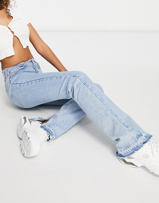 Pull&Bear straight leg jeans with raw waist detail in blue