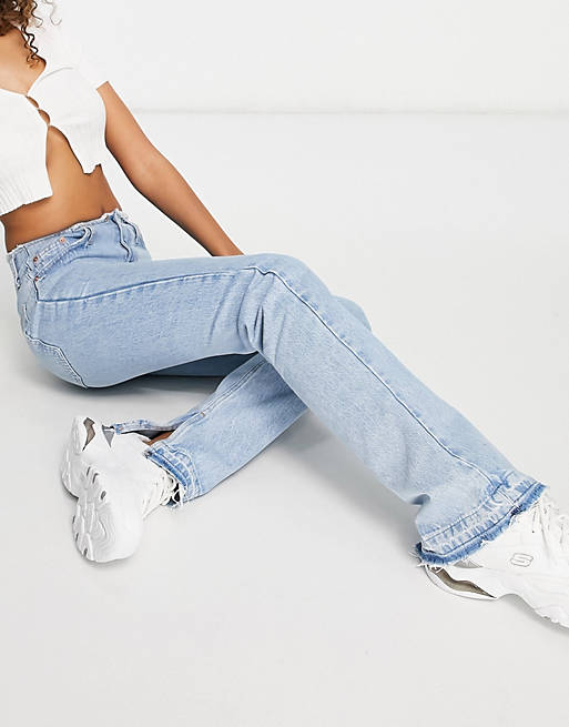 Pull&Bear straight leg jeans with raw waist detail in blue | ASOS