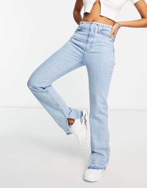 Pull&Bear straight leg jeans with raw waist detail in blue